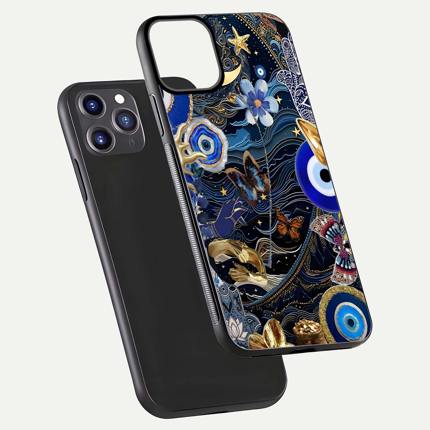 Golden Moon Magic Glass Case for iPhone 11 Pro Max front and back view layout highlighting celestial tones and curved glass