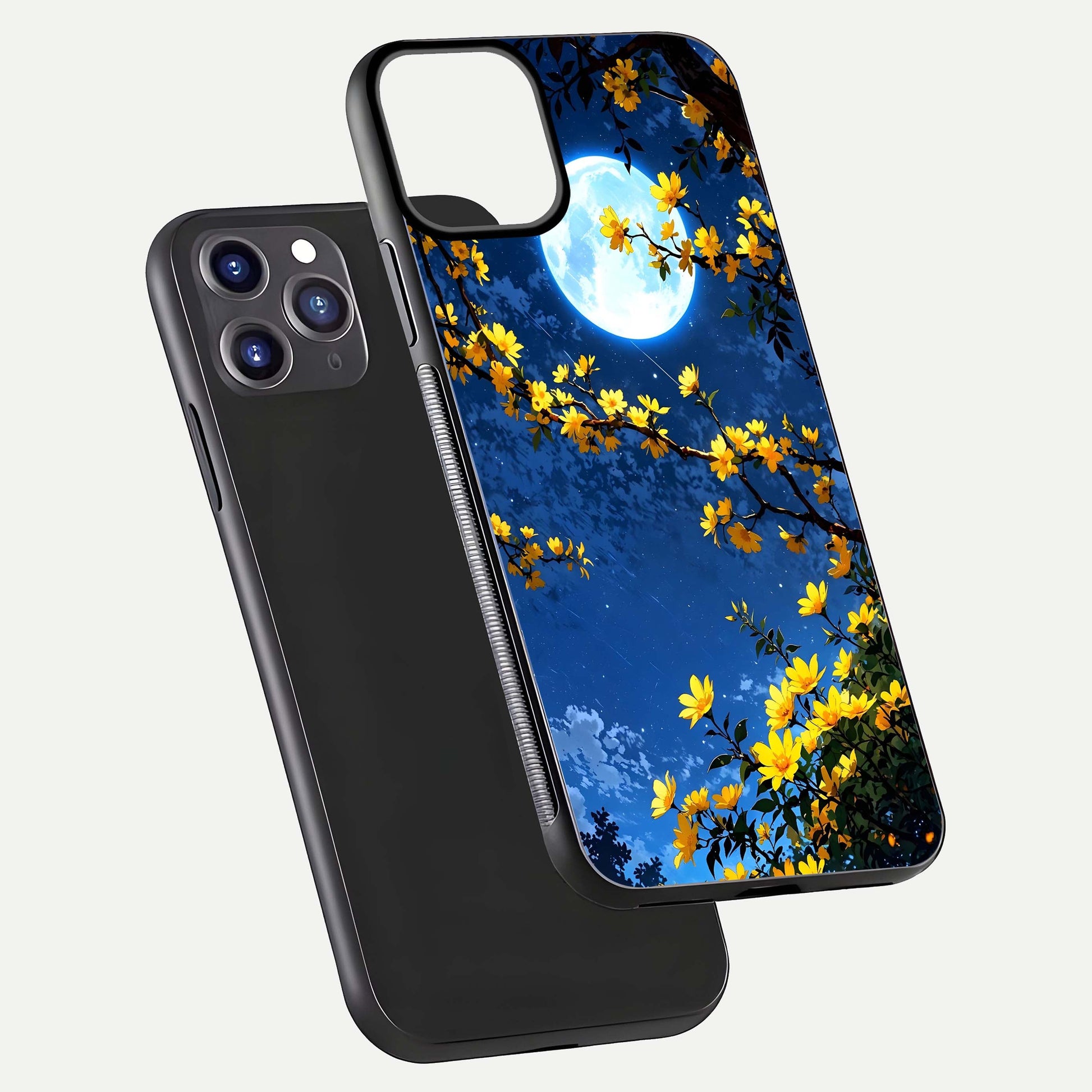 Golden Night Glow Glass Case for iPhone 11 Pro Max front and back view layout displaying metallic glow and curved glass edge