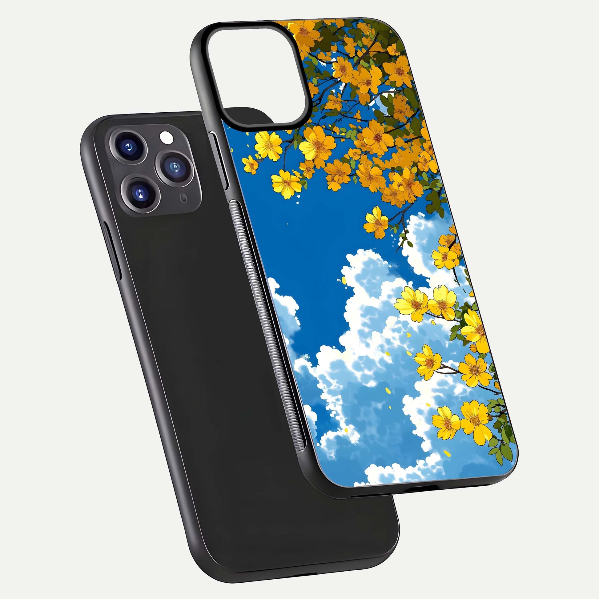 Golden Petal Sky Glass Case for iPhone 11 Pro Max front and back view layout highlighting floral pattern and curved glass edges