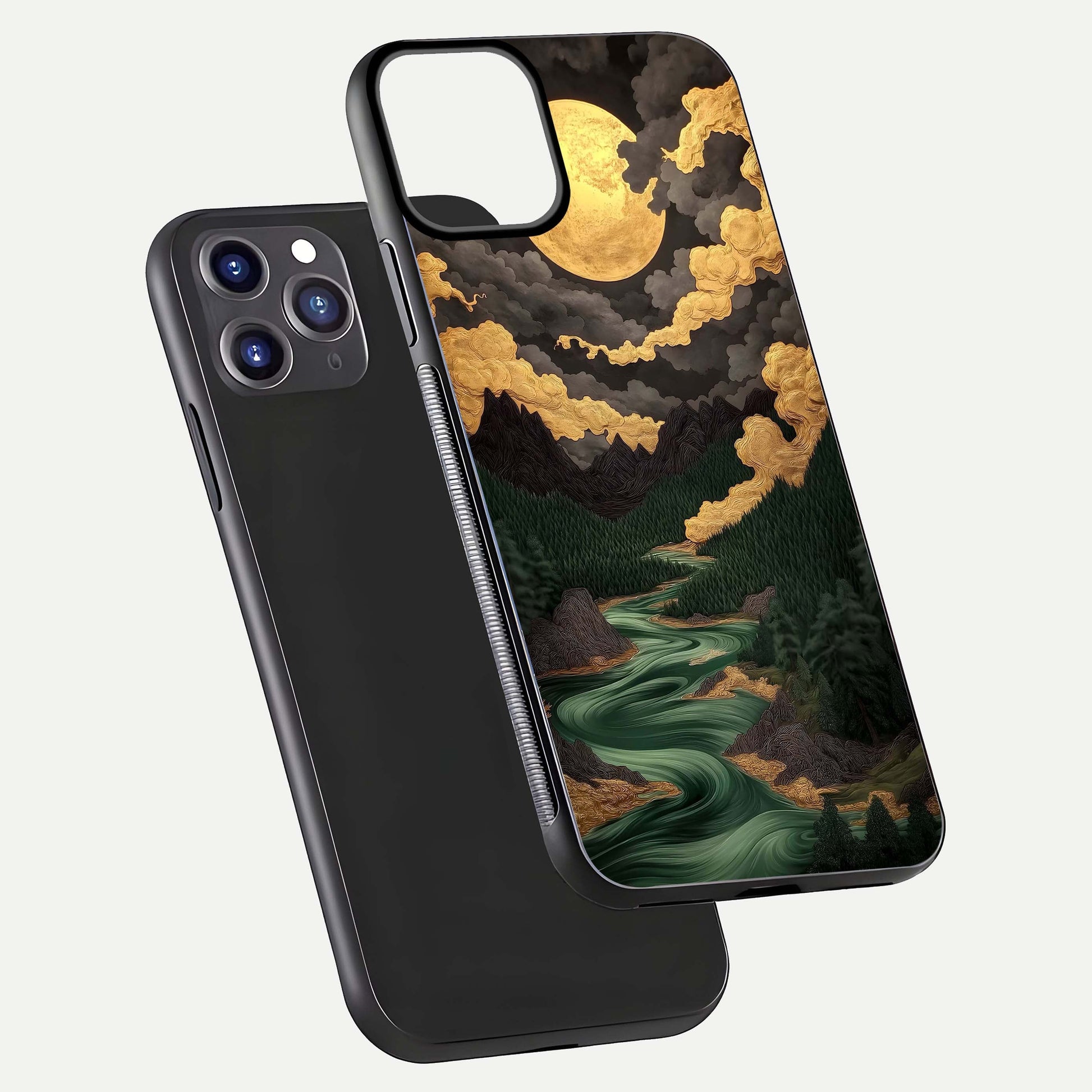 Golden River Moon Glass Case for iPhone 11 Pro Max front and back view layout displaying celestial glow and smooth curves