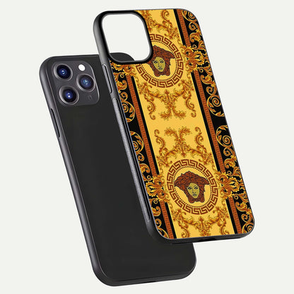 Golden Royal Heritage Glass Case for iPhone 11 Pro Max front and back view layout displaying ornate gold texture and curved edges