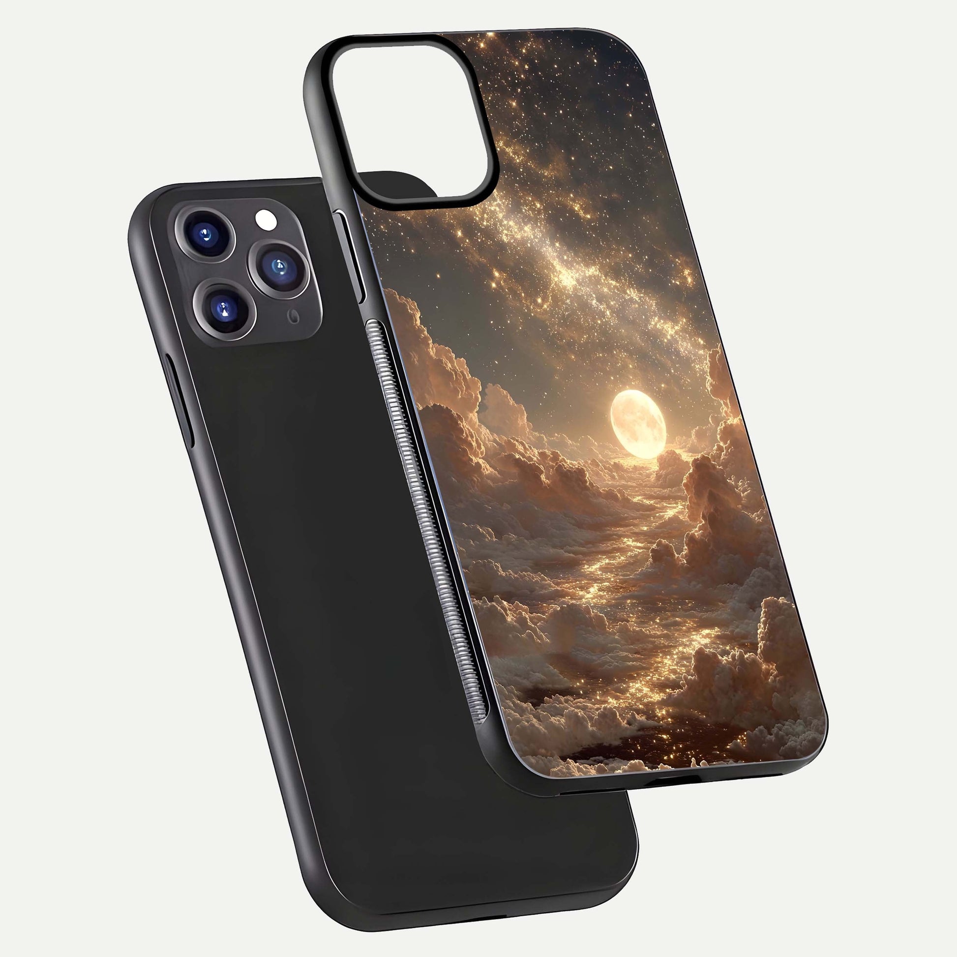 Golden Sky Dream Glass Case for iPhone 11 Pro Max front and back view layout highlighting celestial gold hues and curved glass