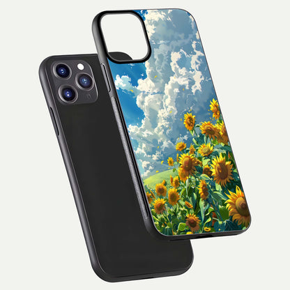 Golden Sun Glory Glass Case for iPhone 11 Pro Max front and back view layout displaying bright golden tones and curved edges