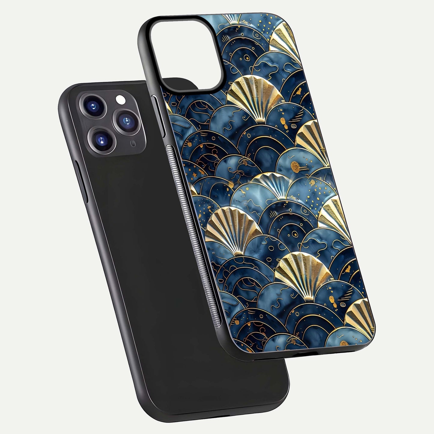 Golden Wave Luxe Glass Case for iPhone 11 Pro Max front and back view layout highlighting fluid gold design and curved glass