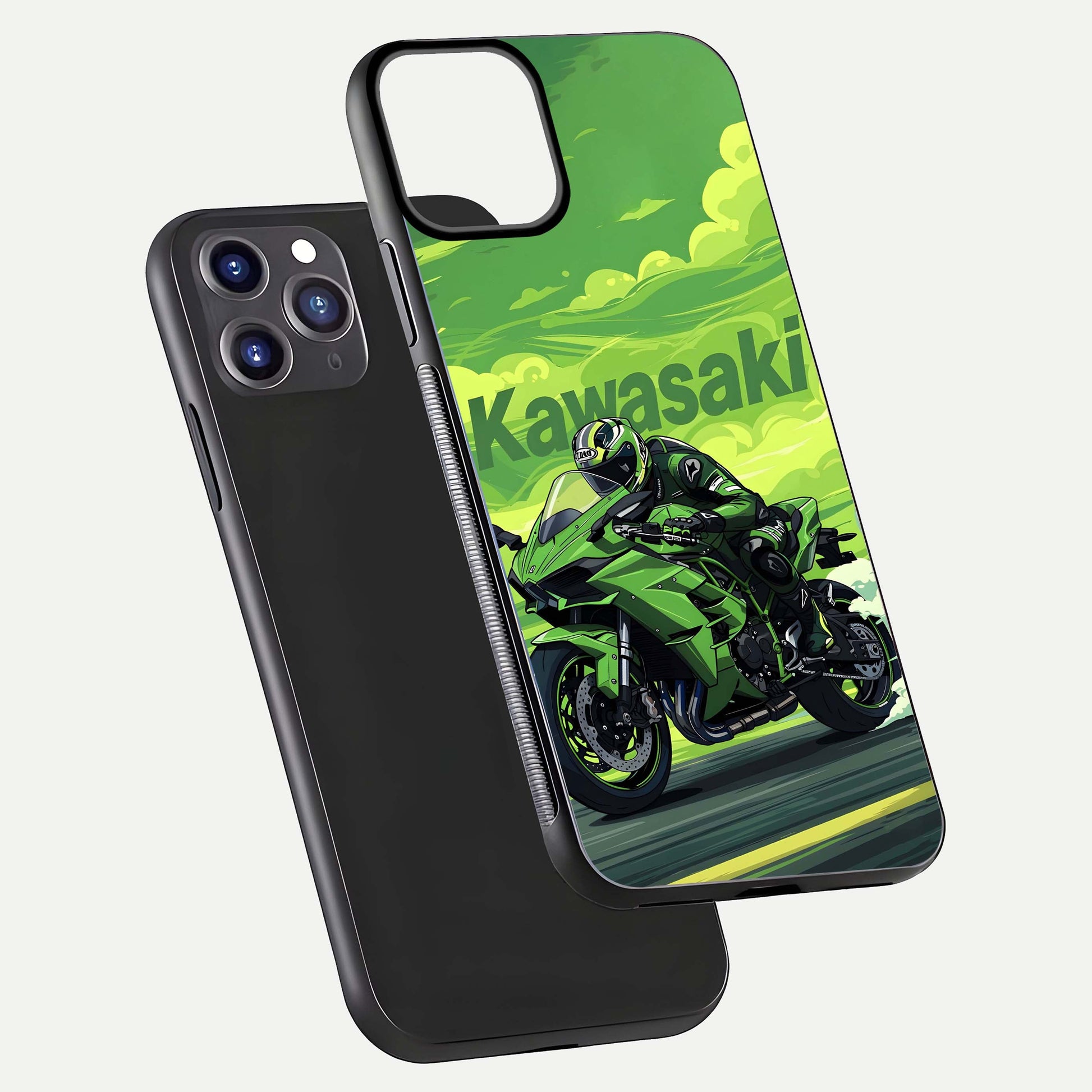 Green Kawasaki Glass Case for iPhone 11 Pro Max front and back view layout highlighting vivid green tones and curved glass edges