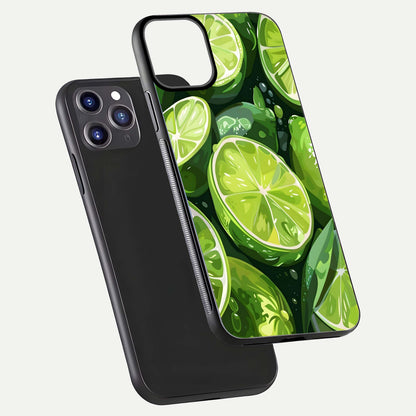 Green Lemon Glass Case for iPhone 11 Pro Max front and back view layout displaying vibrant yellow-green hues and smooth edges