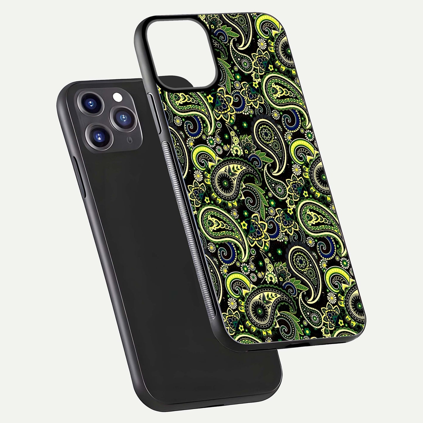 Green Mandala Pattern Glass Case for iPhone 11 Pro Max front and back view layout highlighting geometric art and curved glass
