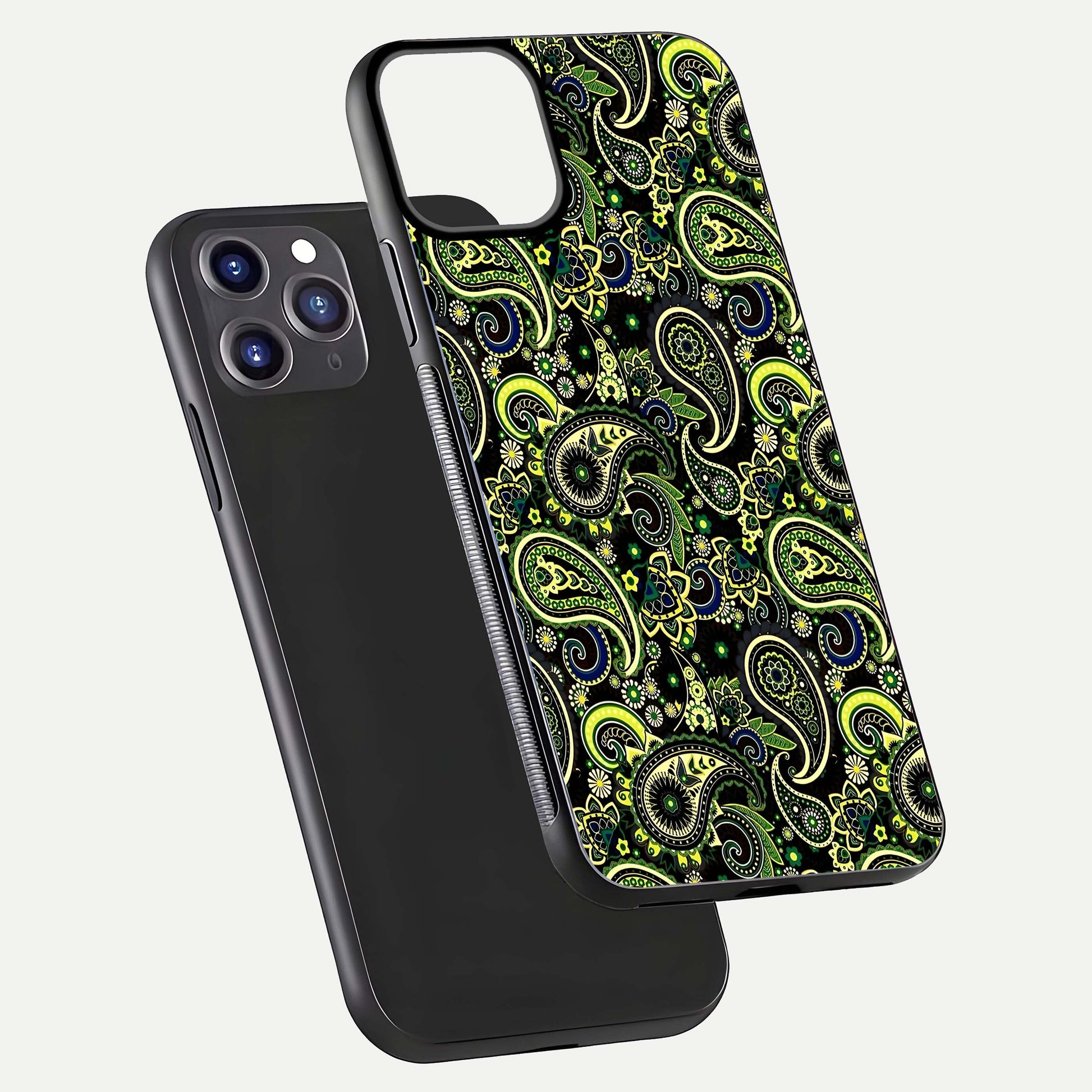 Green Mandala Pattern Glass Case for iPhone 11 Pro Max front and back view layout highlighting geometric art and curved glass