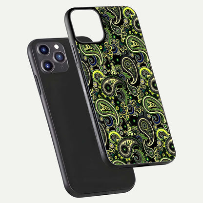Green Mandala Pattern Glass Case for iPhone 11 Pro Max front and back view layout highlighting geometric art and curved glass