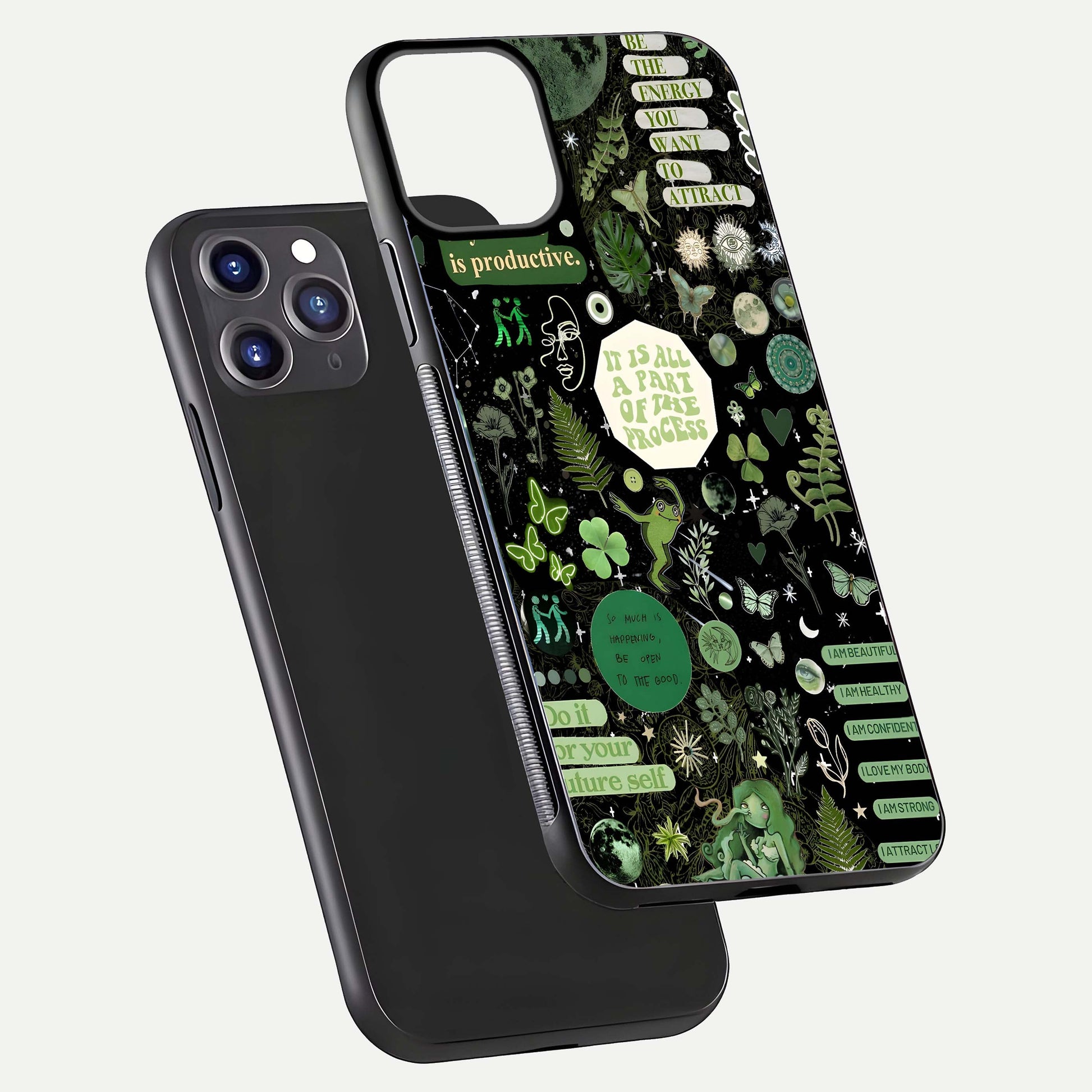 Green Moon Energy Glass Case for iPhone 11 Pro Max front and back view layout highlighting cosmic tones and smooth edges