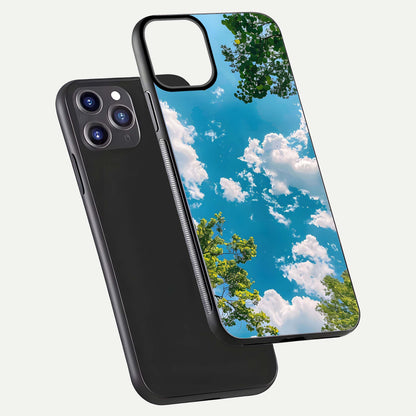 Greenery Sky Glass Case for iPhone 11 Pro Max front and back view layout displaying scenic green-blue gradient and curved edges