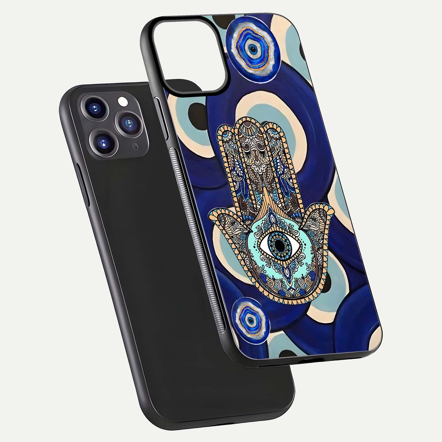 Hamsa Divine Guard Glass Case for iPhone 11 Pro Max front and back view layout highlighting spiritual artwork and smooth edges