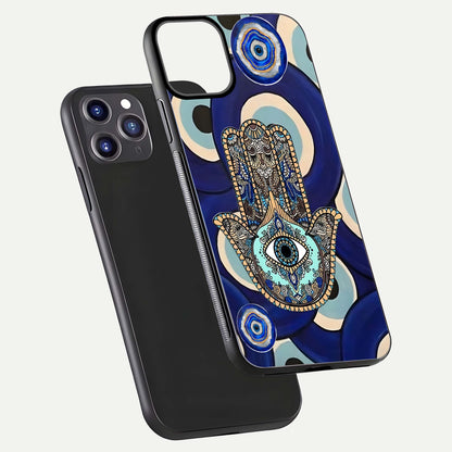 Hamsa Divine Guard Glass Case for iPhone 11 Pro Max front and back view layout highlighting spiritual artwork and smooth edges