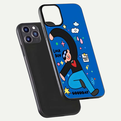 Happy Luck Vibe Glass Case for iPhone 11 Pro Max front and back view layout highlighting positive motif and curved edges