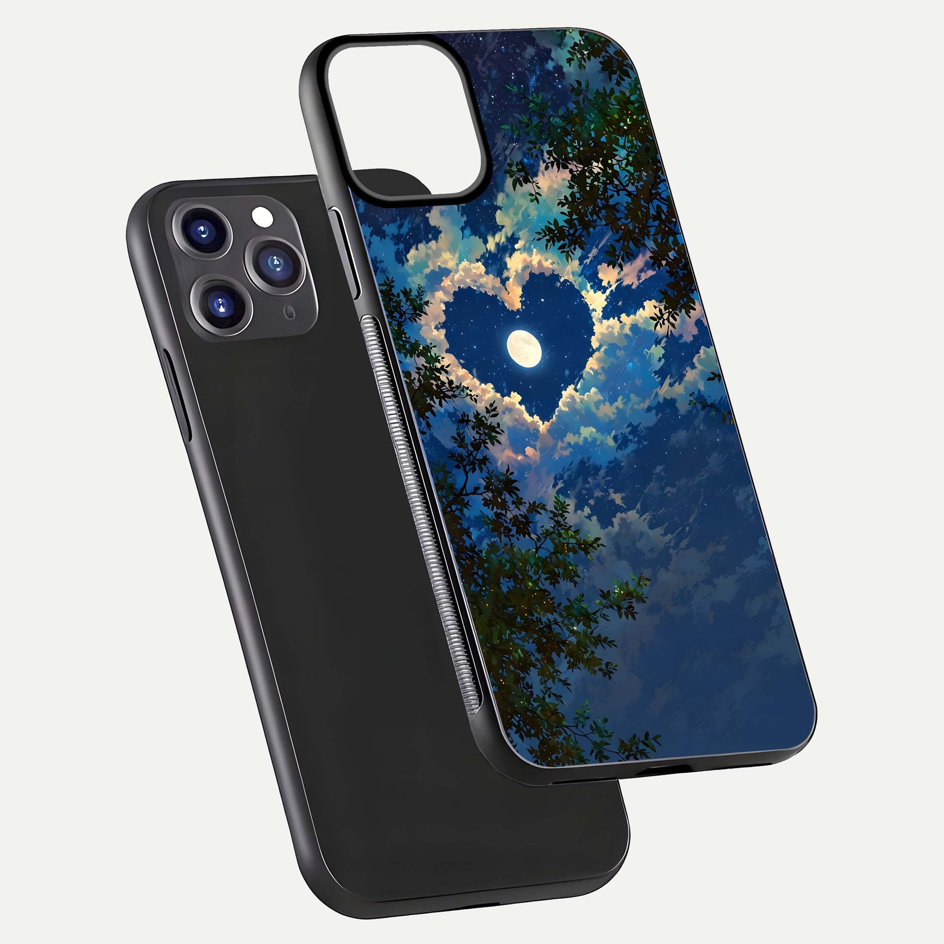 Heart with Moon Sky Glass Case for iPhone 11 Pro Max front and back view layout displaying celestial tones and curved glass