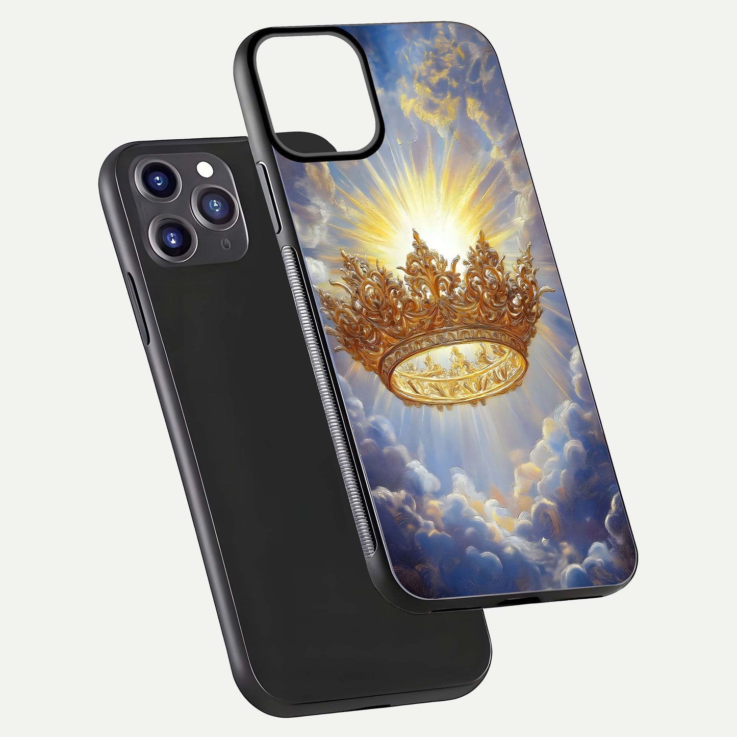 Heavenly Crown Light Glass Case for iPhone 11 Pro Max front and back view layout highlighting golden aura tones and curved glass edges
