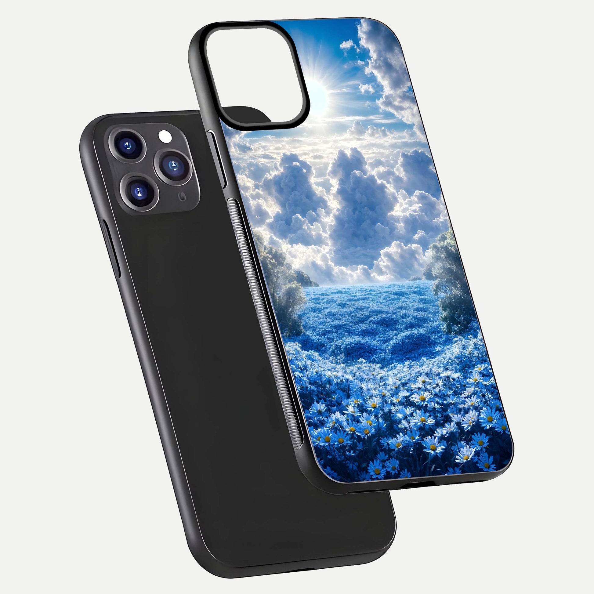 Heavenly Daisy Horizon Glass Case for iPhone 11 Pro Max front and back view layout highlighting floral field tones and curved edges