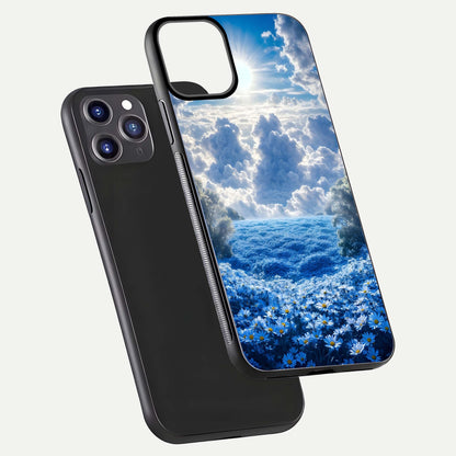 Heavenly Daisy Horizon Glass Case for iPhone 11 Pro Max front and back view layout highlighting floral field tones and curved edges