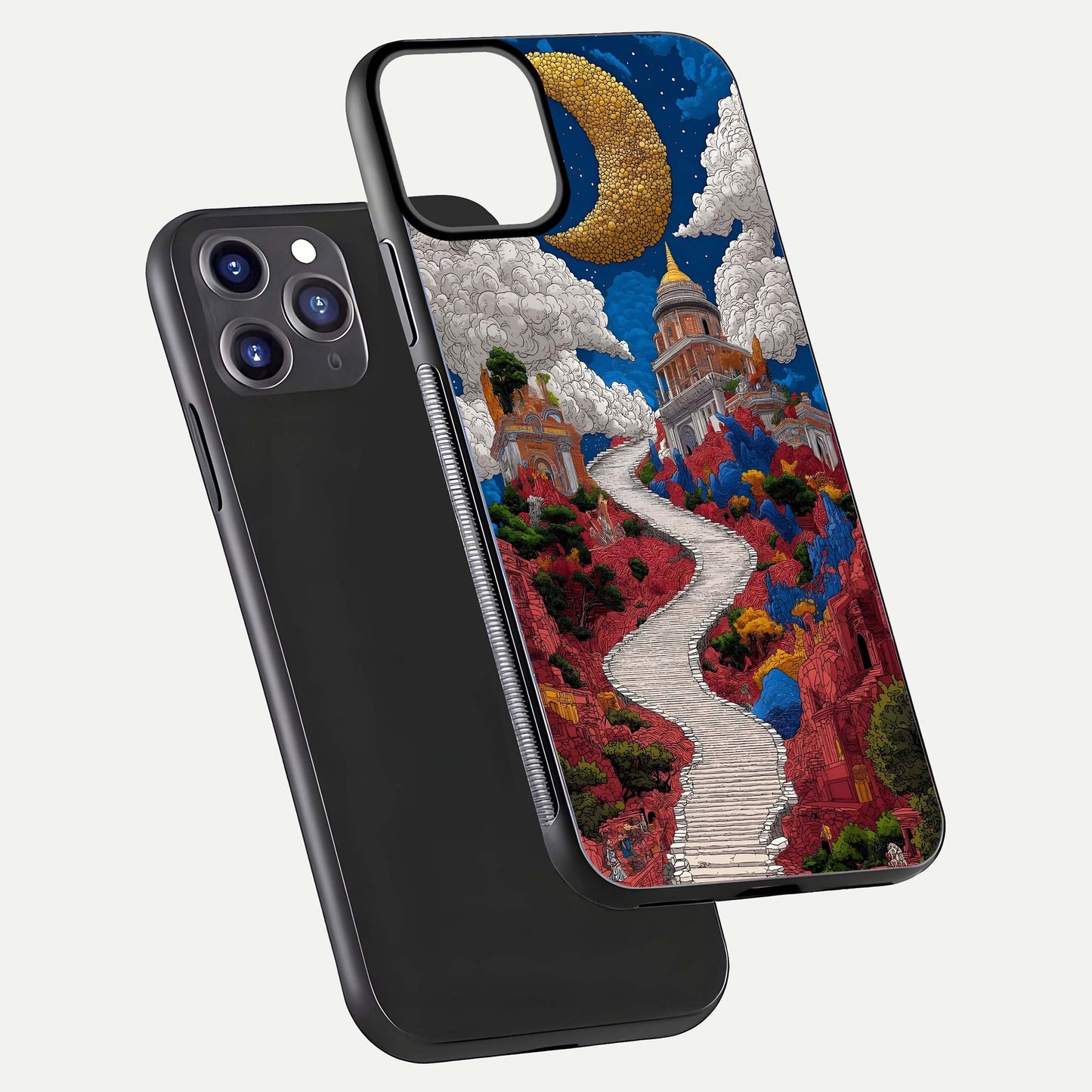 Heavenly Moon Path Glass Case for iPhone 11 Pro Max front and back view layout displaying night sky tones and curved glass edges