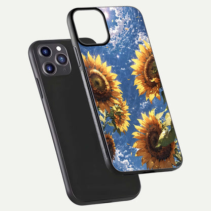 Heavenly Sunflower Rise Glass Case for iPhone 11 Pro Max front and back view layout highlighting golden floral tones and curved edges