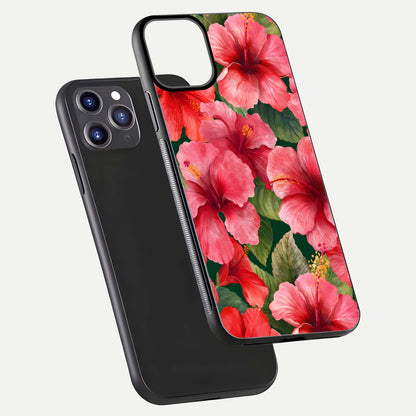 Hibiscus Pattern Glass Case for iPhone 11 Pro Max front and back view layout highlighting tropical design and curved glass edges