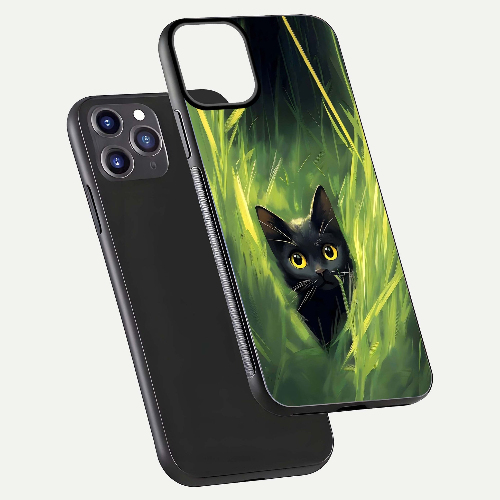 Hidden Cat Whisper Glass Case for iPhone 11 Pro Max front and back view layout highlighting minimalist art and curved edges