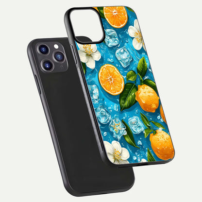Ice Cube With Orange Glass Case for iPhone 11 Pro Max front and back view layout highlighting fresh orange tones and curved edges