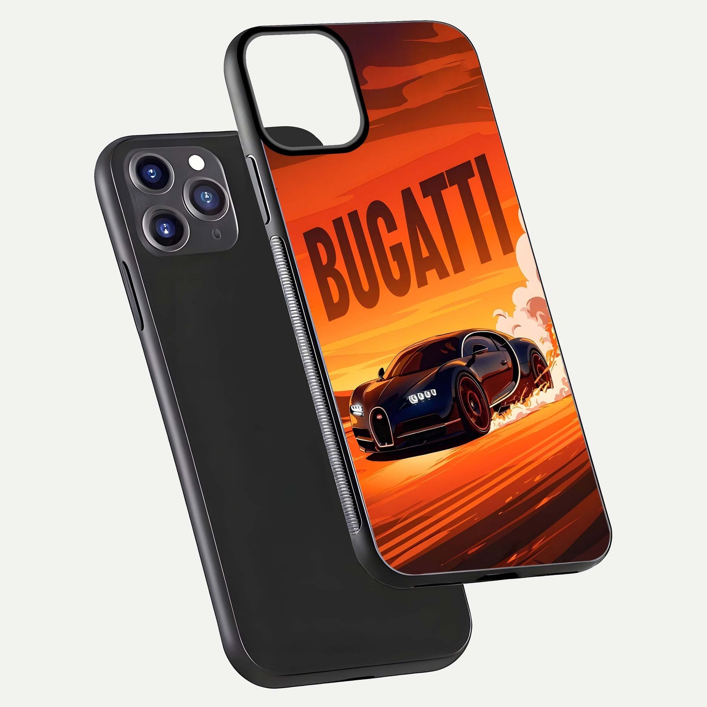 Inferno Bugatti Storm Glass Case for iPhone 11 Pro Max front and back view layout highlighting car silhouette and curved glass edge