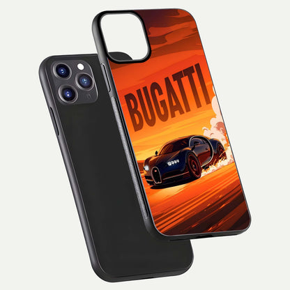 Inferno Bugatti Storm Glass Case for iPhone 11 Pro Max front and back view layout highlighting car silhouette and curved glass edge