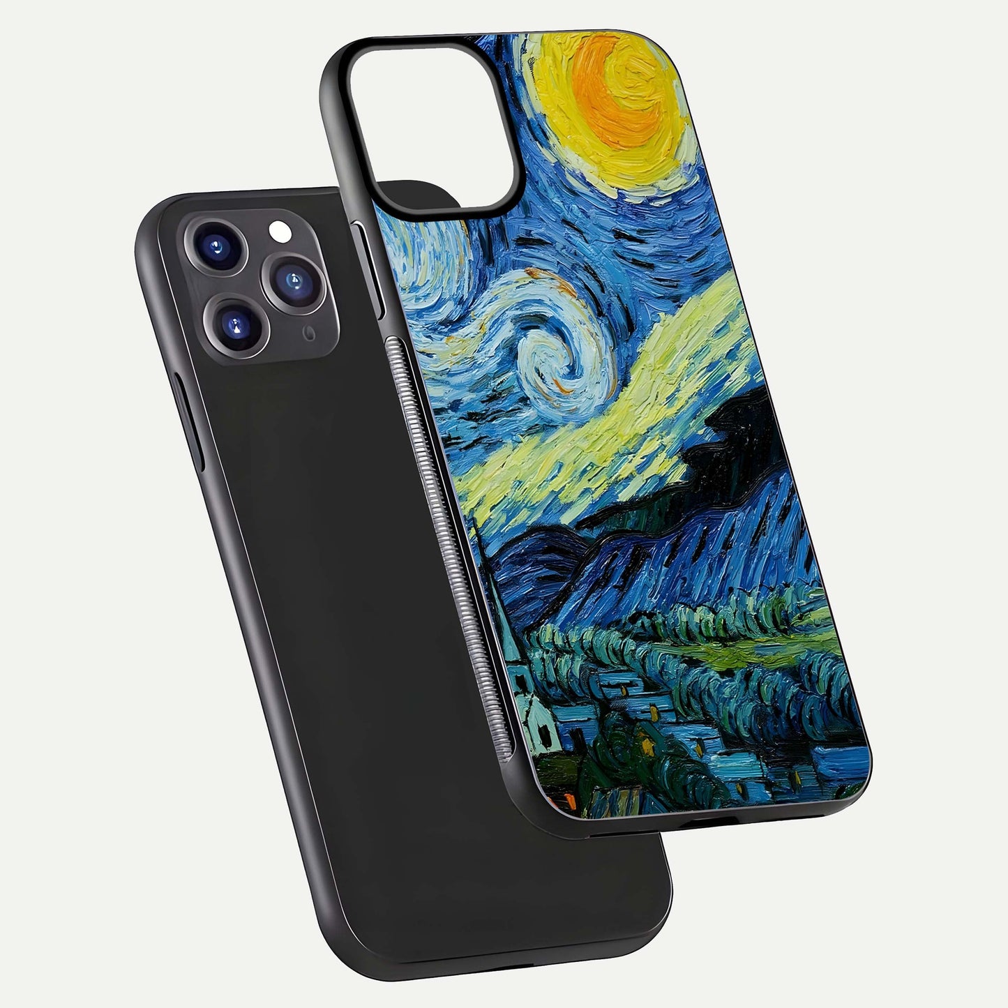 Inspired Van Gogh Art Glass Case for iPhone 11 Pro Max front and back view layout displaying vivid color tones and curved glass edges
