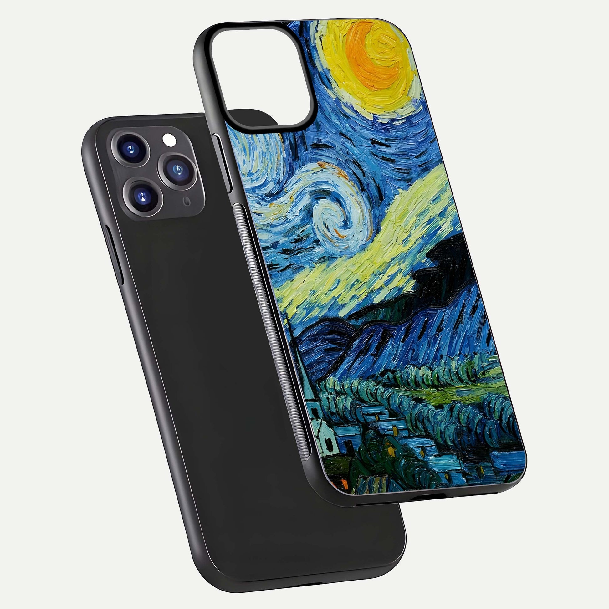 Inspired Van Gogh Art Glass Case for iPhone 11 Pro Max front and back view layout displaying vivid color tones and curved glass edges