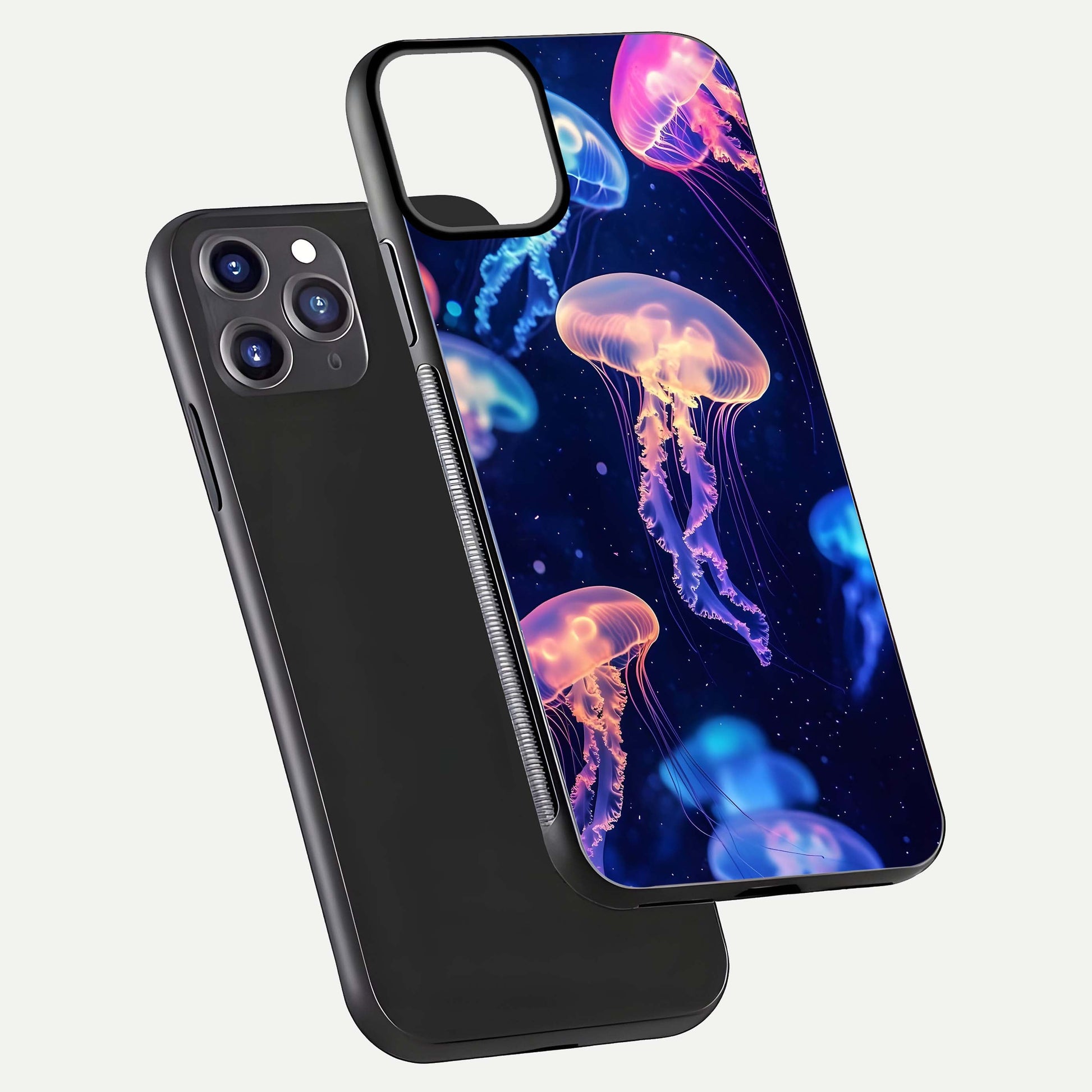 Jellyfish Pattern Glass Case for iPhone 11 Pro Max front and back view layout highlighting aquatic tones and curved edges