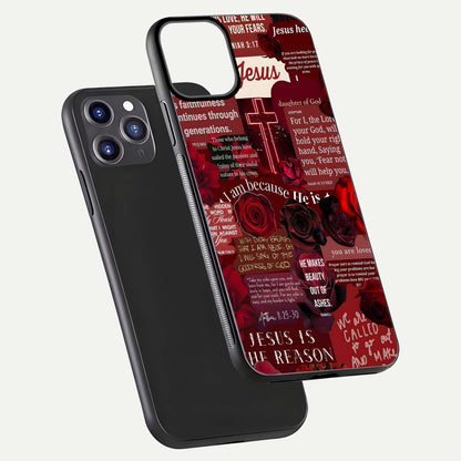 Jesus Love Heals Glass Case for iPhone 11 Pro Max front and back view layout with elegant typography and smooth edges
