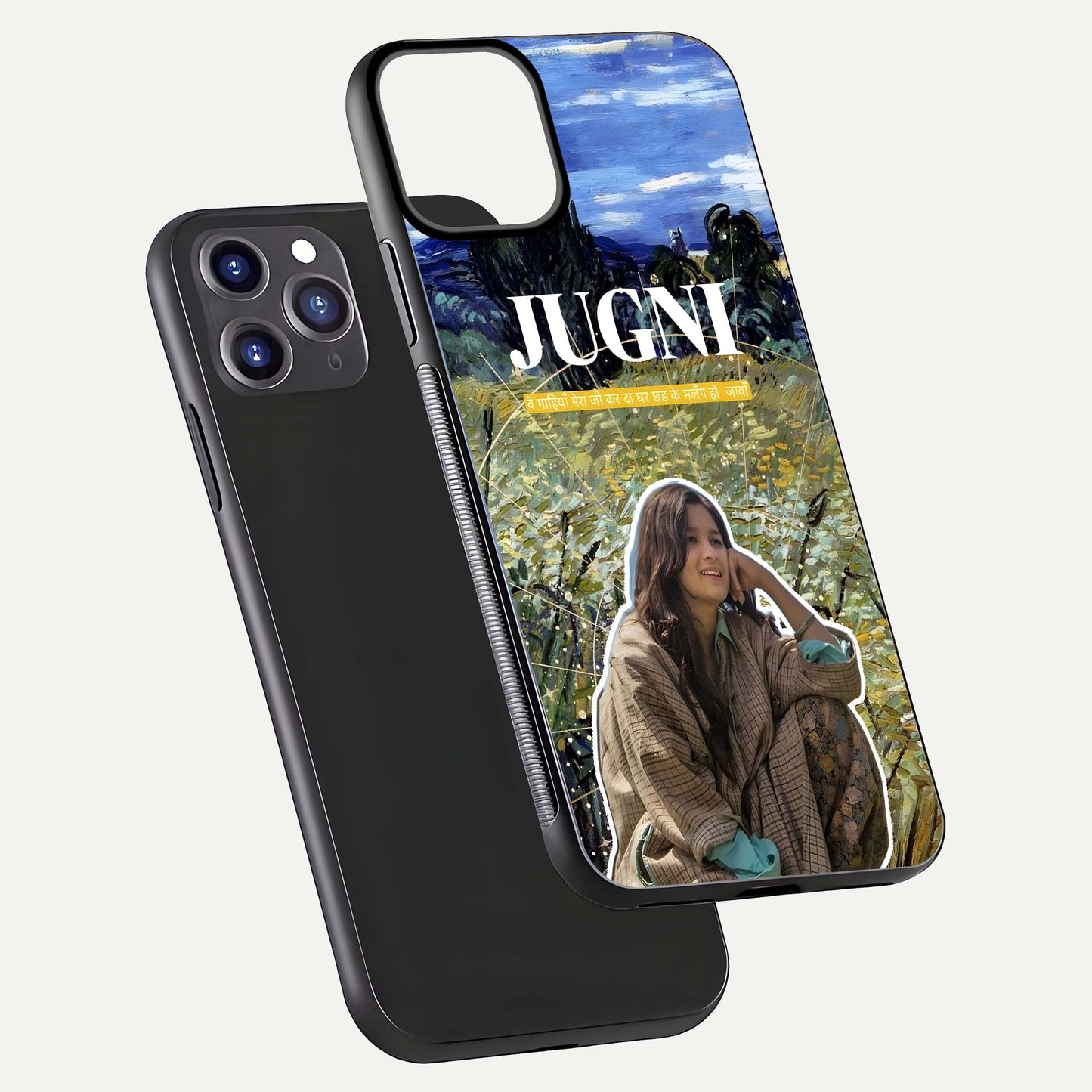 Jugni Soul Vibes Glass Case for iPhone 11 Pro Max front and back view layout highlighting desi art and curved glass edges