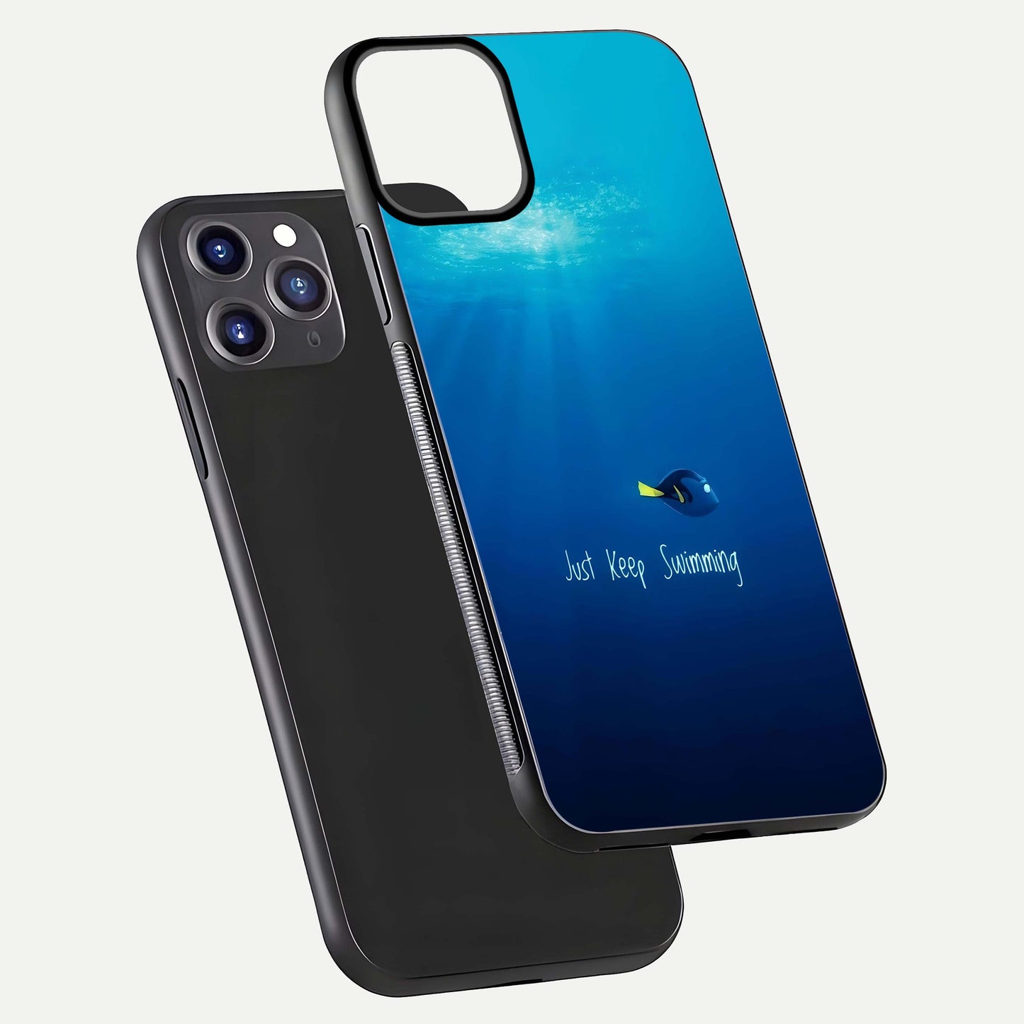 Just Keep Swimming Glass Case for iPhone 11 Pro Max front and back view layout with smooth glass edges and HD text clarity