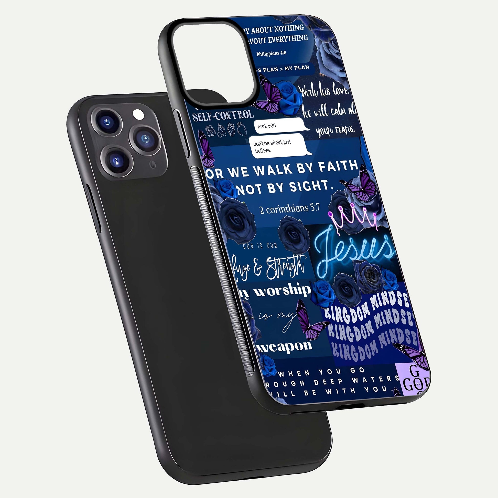 Kingdom Faith Glow Glass Case for iPhone 11 Pro Max front and back view layout highlighting radiant spiritual design