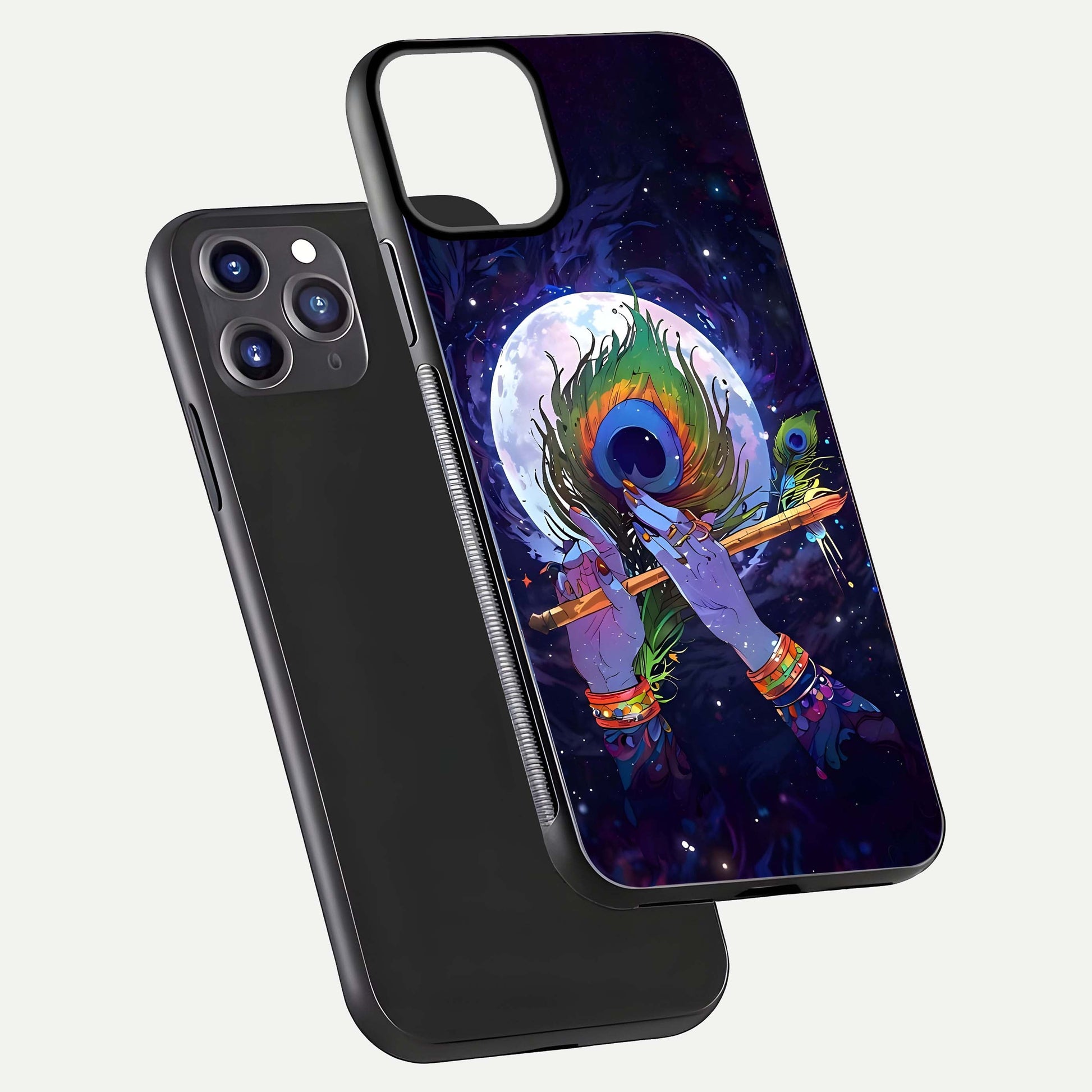 Krishna Hands Art Glass Case for iPhone 11 Pro Max front and back view layout displaying soft edges and spiritual tones