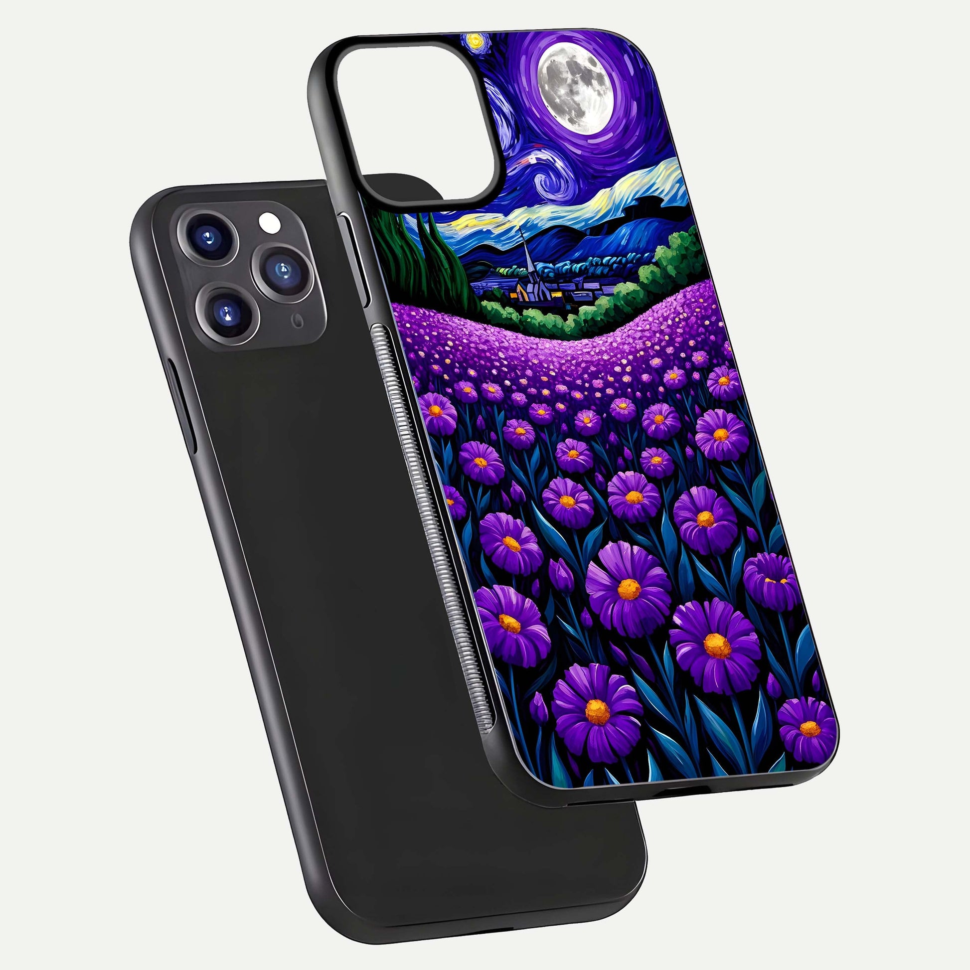 Lavender Moon Field Glass Case for iPhone 11 Pro Max front and back view layout with soft gradient and curved edges