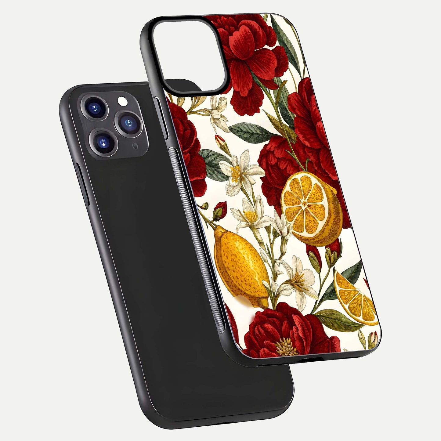 Lemon Rose Charm Glass Case for iPhone 11 Pro Max front & back layout highlighting soft yellow tones and curved edges