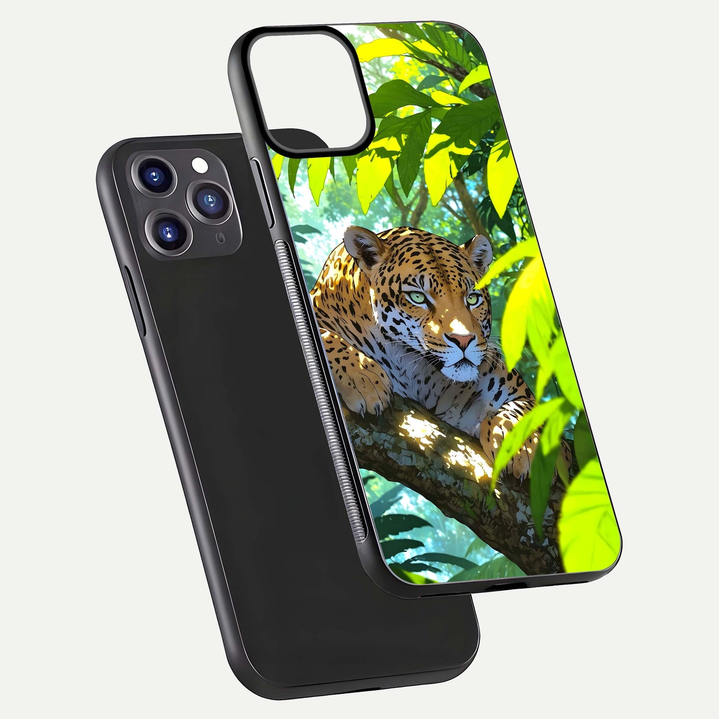 Leopard in Jungle Glass Case for iPhone 11 Pro Max front & back layout with premium edge detailing and vivid jungle art