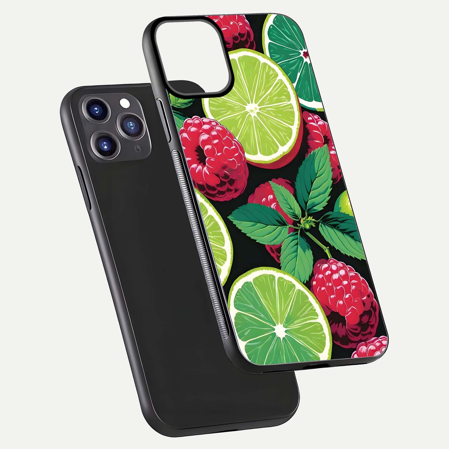 Lime and Raspberry Pattern Glass Case for iPhone 11 Pro Max front & back layout highlighting fresh summer tones