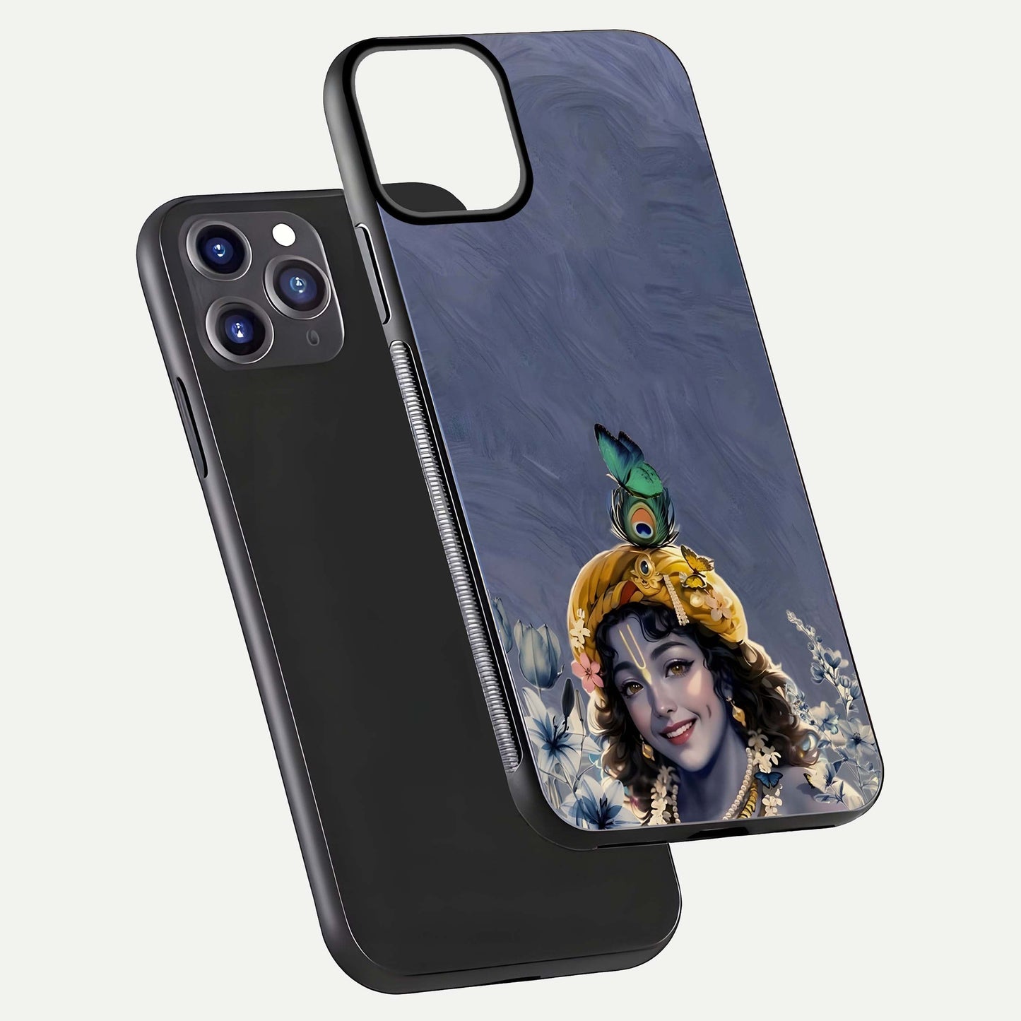 Lord Krishna Glass Case for iPhone 11 Pro Max front & back layout displaying soft tones and elegant edges