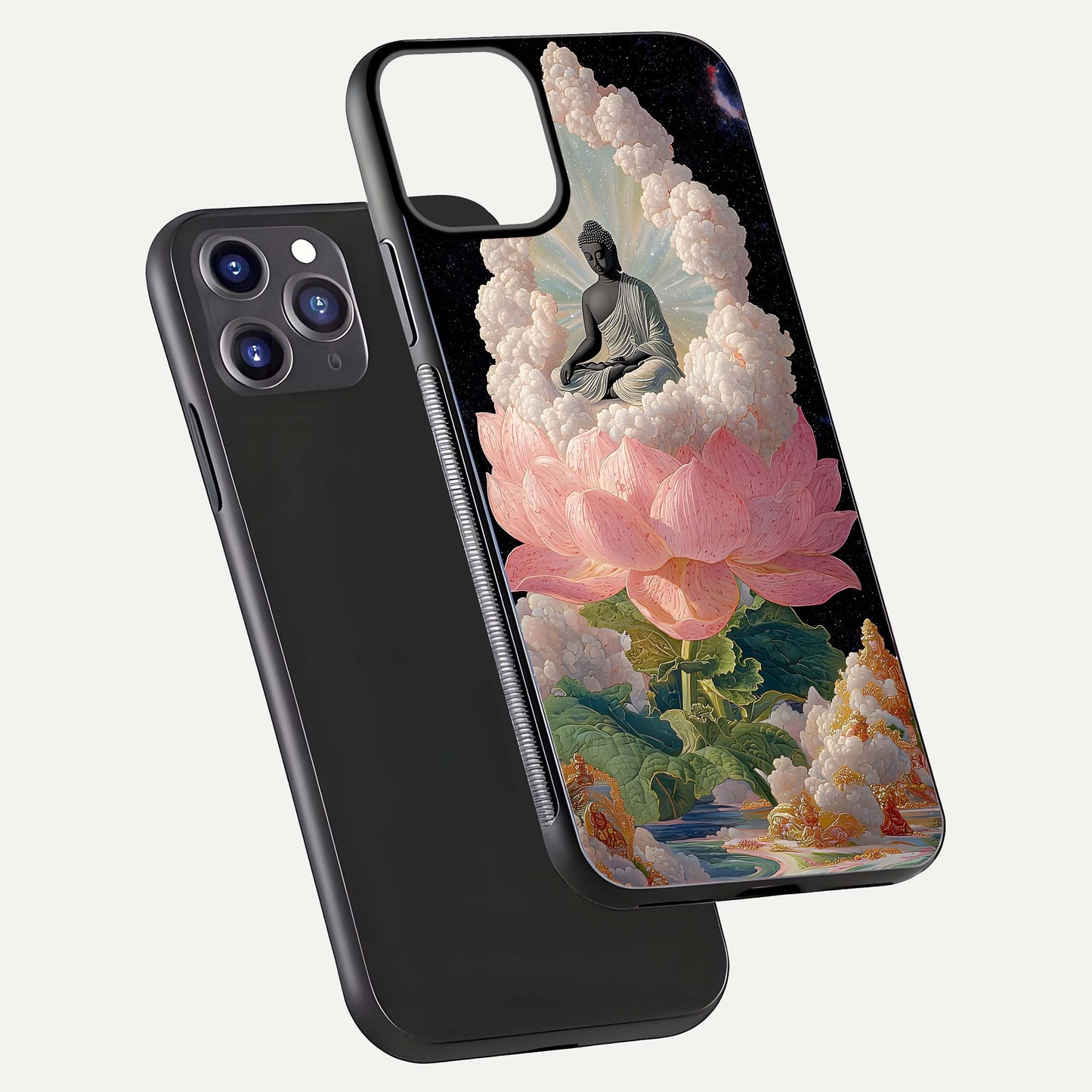 Lotus Divine Peace Glass Case for iPhone 11 Pro Max front & back layout highlighting soft pink hues and curved edges