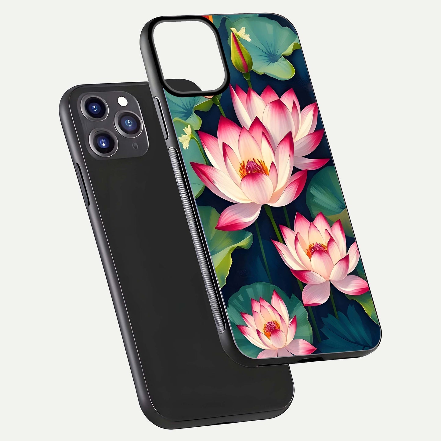Lotus Dream Serenity Glass Case for iPhone 11 Pro Max front & back layout with elegant finish and edge curve
