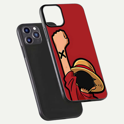 Luffy X Spirit Glass Case for iPhone 11 Pro Max front & back layout displaying anime theme and curved edges