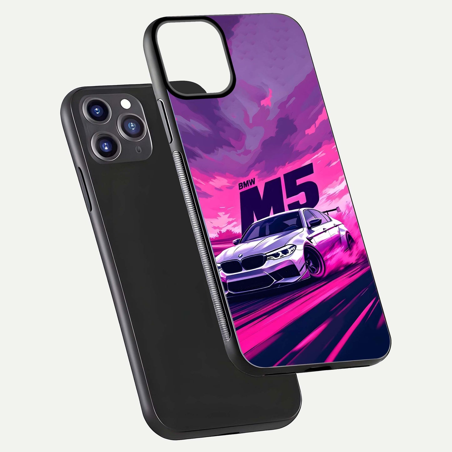MS Neon Car Glass Case for iPhone 11 Pro Max front & back layout highlighting automotive art and curved design