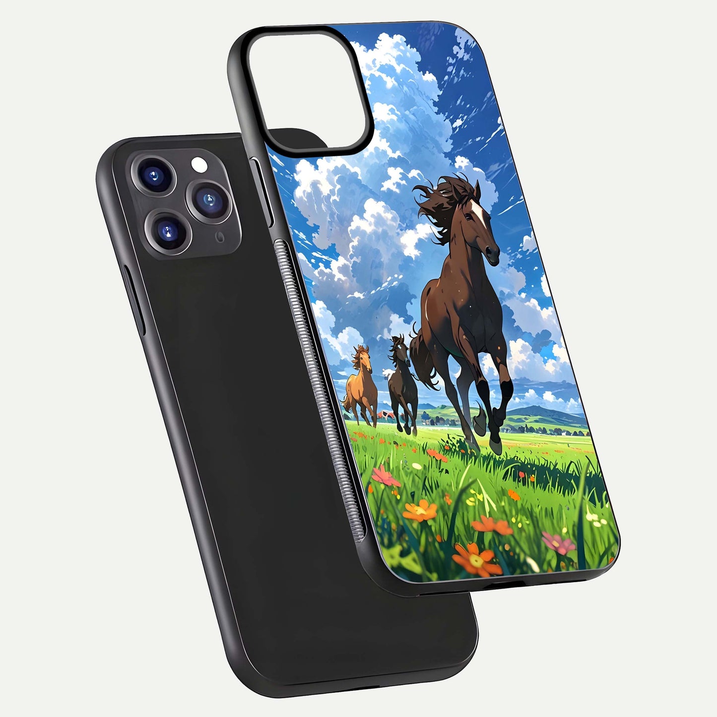 Majestic Horses Galloping Glass Case for iPhone 11 Pro Max front & back layout highlighting dynamic design and edges