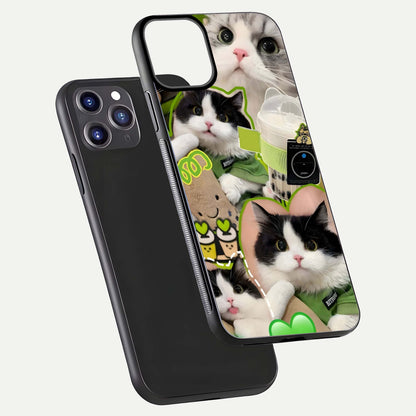 Matcha Cats Mood Glass Case for iPhone 11 Pro Max front & back layout highlighting cute theme and smooth edges