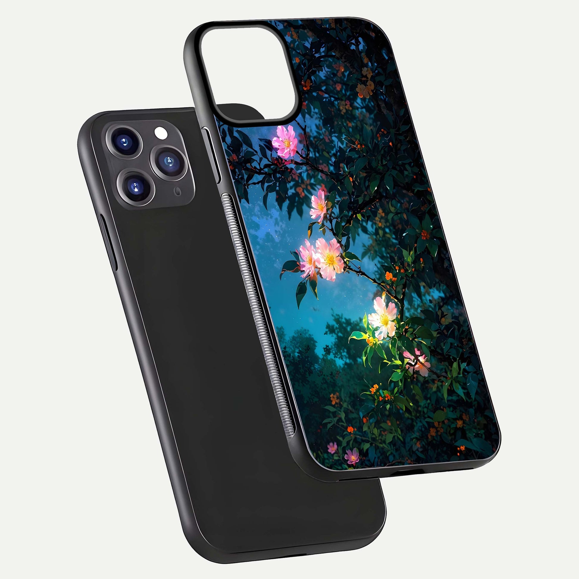 Midnight Bloom Glow Glass Case for iPhone 11 Pro Max front & back layout highlighting moody tones and smooth finish