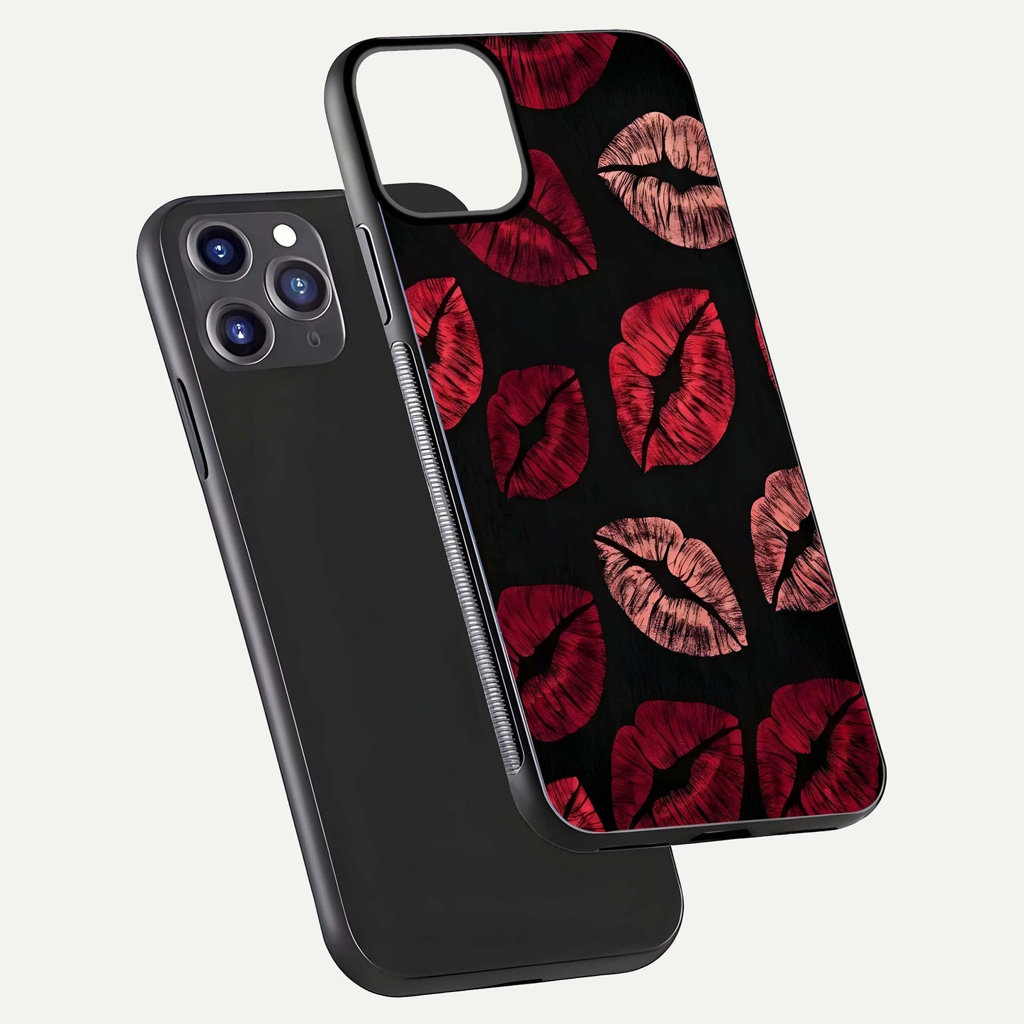 Midnight Kiss Love Glass Case for iPhone 11 Pro Max front & back view layout showing romantic theme and smooth curves